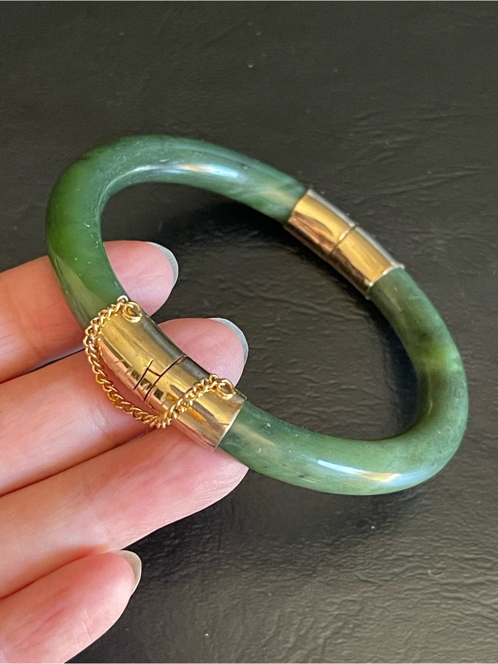 Vintage gold plated genuine spinach green nephrite Jade Bangle.